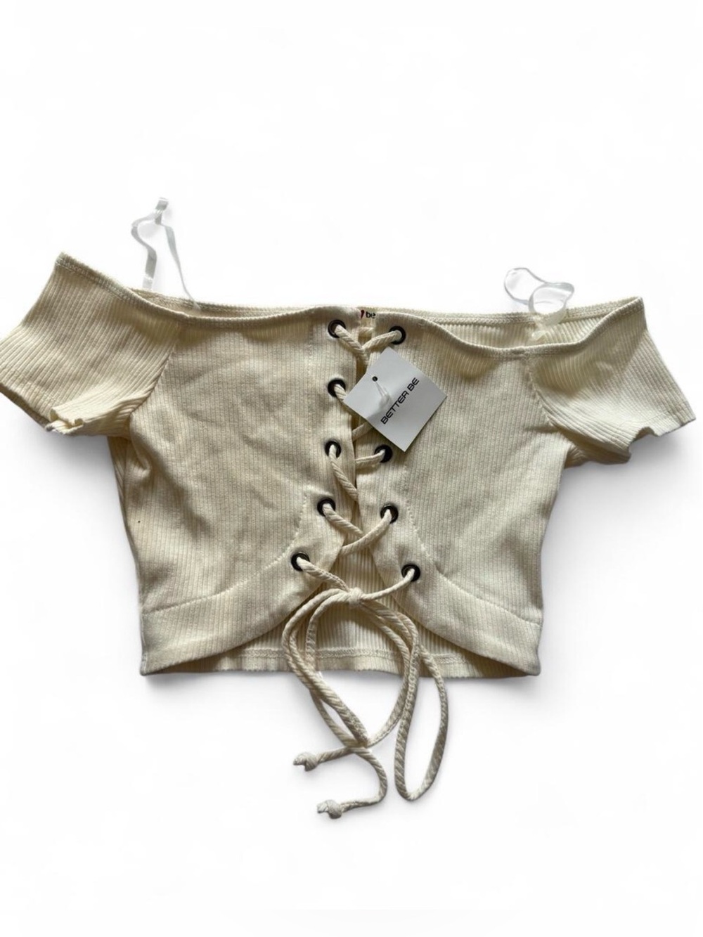 NWT Better Be Ivory/Cream Off-Shoulder Lace-Up Ribbed Crop Top | Size: M